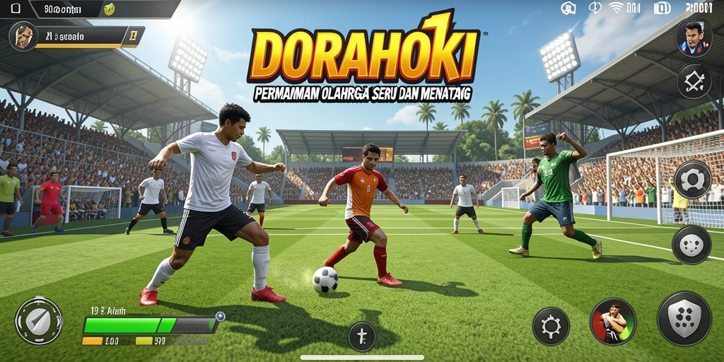 Tampilan gameplay seru dalam DORAHOKI, menyajikan aksi olahraga yang dinamis.