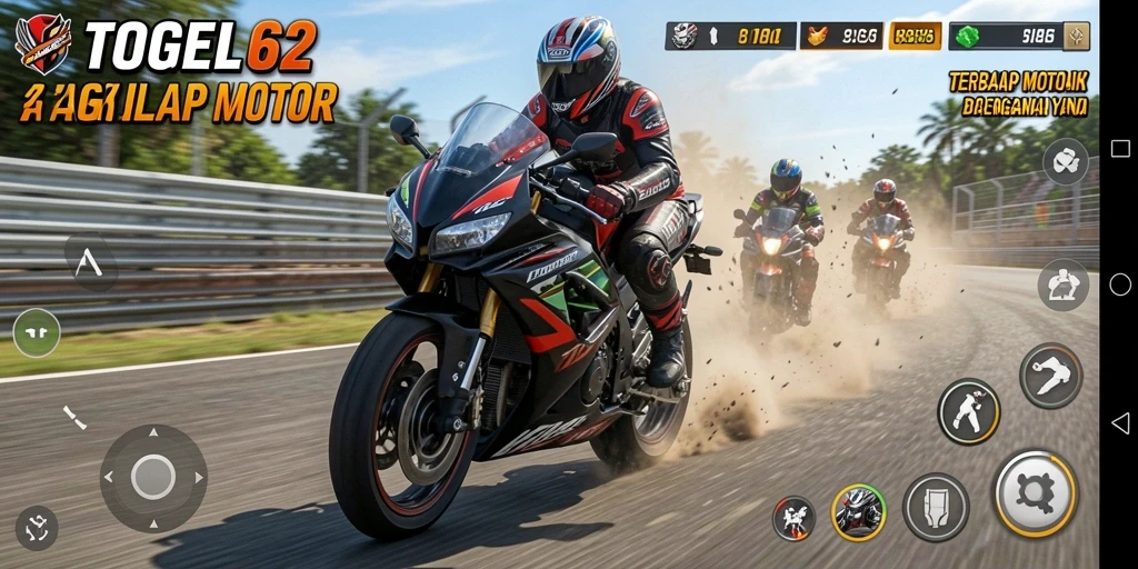 Screenshot gameplay TOGEL62 menampilkan aksi balap motor yang mendebarkan.